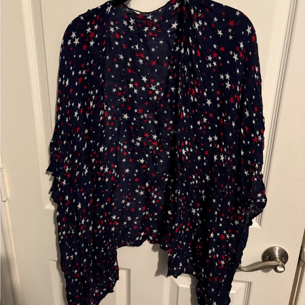 191- Navy Star Print Lightweight Wrap Scarf with Red & White Stars